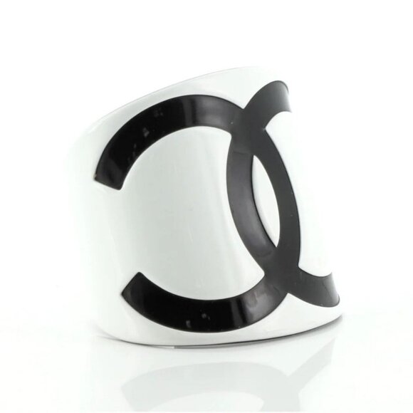 Authentic CHANEL CC Cuff Logo 05V Vintage Bracelet Bangle Black White Wide - Picture 4 of 8